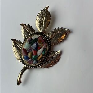 Vintage Leaf Brooch with Multicolor Stones